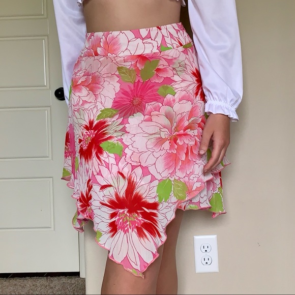Y2K Pink Layered Floral Gauzy Midi Skirt - Picture 3 of 11